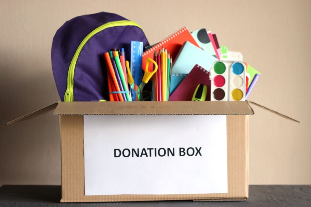 Donation box full of school supplies