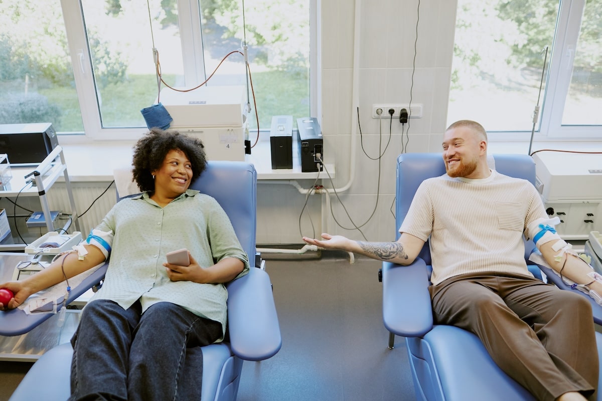 Blood Drive Participants Chat and Smile