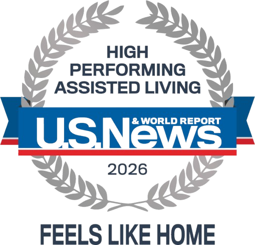 Award badge reading 'High Performing Assisted Living' by US News & World Report, 2026, with the tagline 'Feels Like Home'.