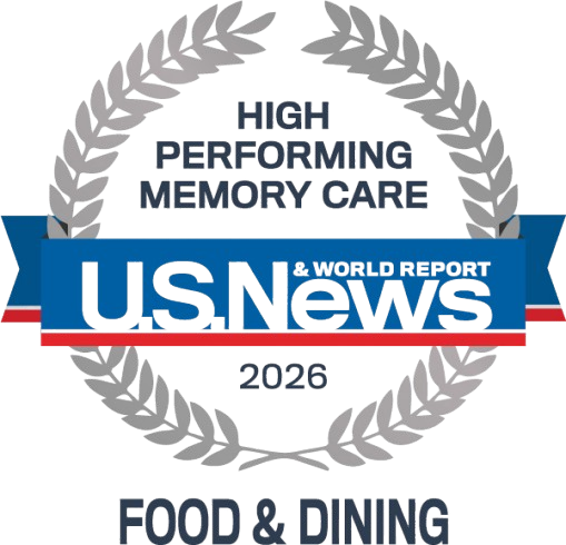 Award badge reading 'High Performing Memory Care' from U.S. News & World Report 2026, for Food & Dining, with laurel wreath.”